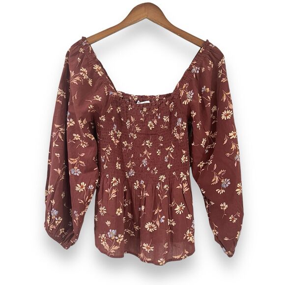 NWT Madewell Lucie Smocked Square Neck Cotton Peplum Top Size 4 Dark Merlot - Picture 3 of 10